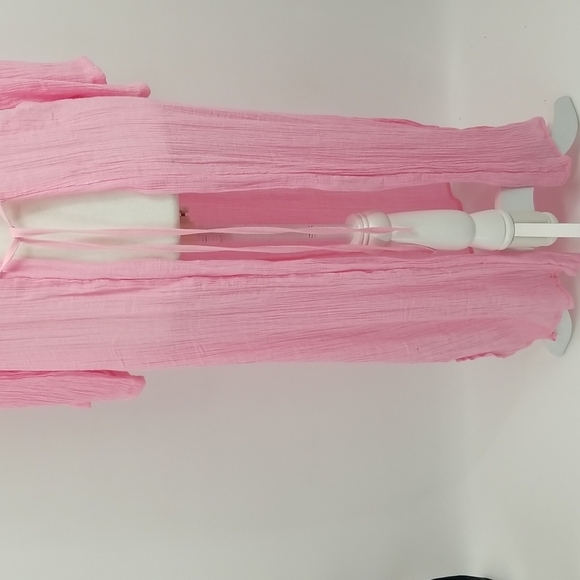 ♥️Pink Long Cover Up Duster Crinkle Fabric Long Sleeves Front Tie Side Slits M-L - Picture 3 of 8